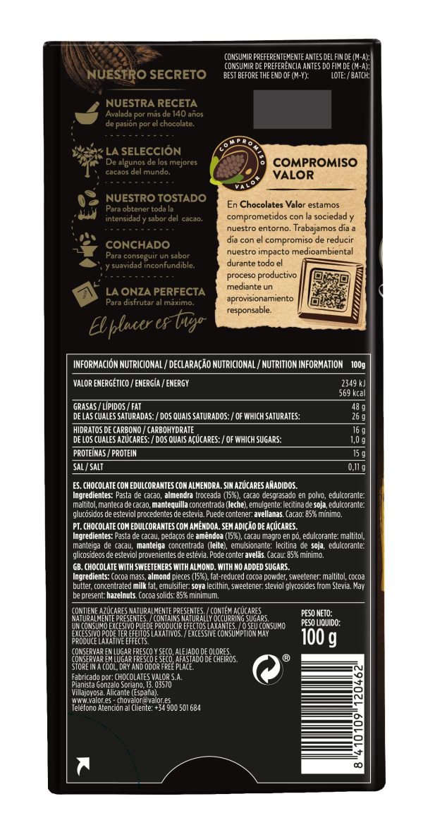 Tableta de Chocolate Negro 85% Cacao con Almendras Troceadas Sin Azúcares Añadidos Sin Gluten, 100g (Cad: 30 04 2024) Online Hot Sale