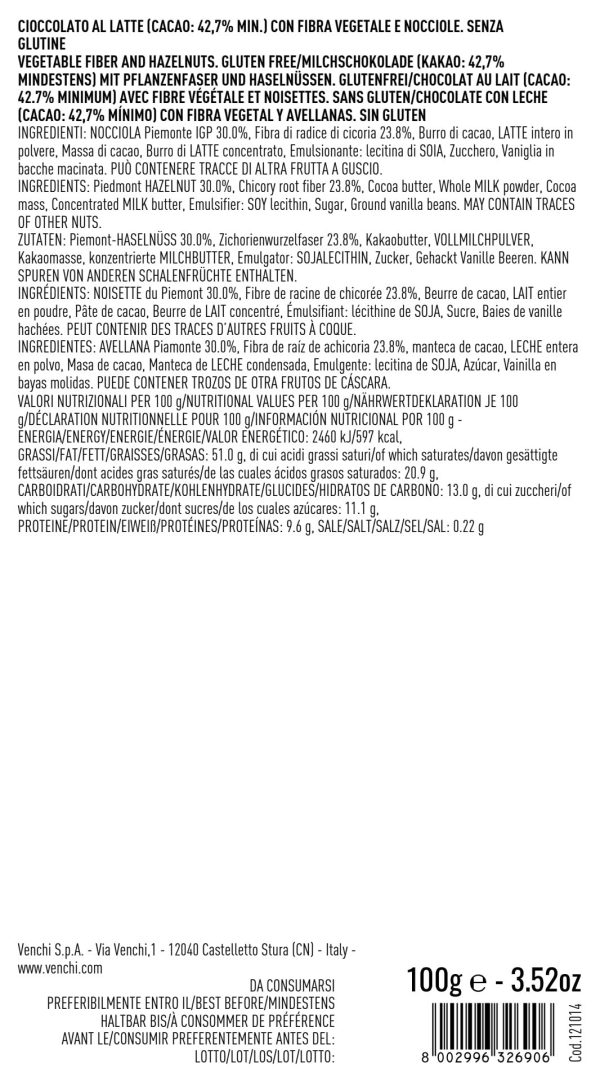 Venchi - Tableta de chocolate con leche y avellana -70% de azúcar - Sin azúcares añadidos - Sin gluten (Cad: 28 02 2024) Supply