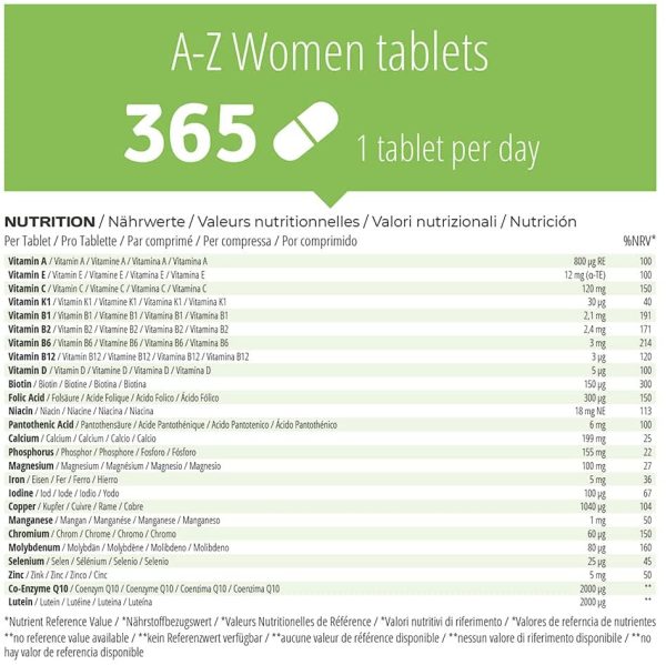 CYB A-Z Vitaminas para mujeres Con calcio, hierro, ácido fólico 365 tabletas Embalaje Deteriorado (Cad: 31 10 2024) on Sale