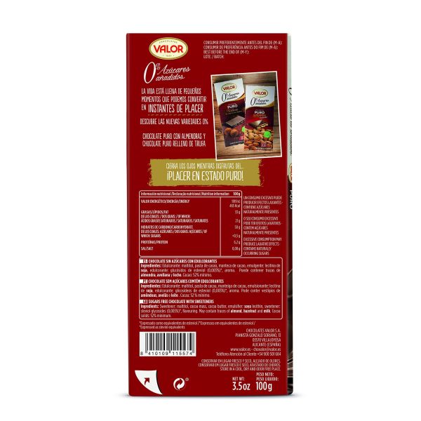 Chocolate Puro sin Azúcar y sin Gluten - Tableta de 100 gramos (Cad: 31 03 2025) Discount