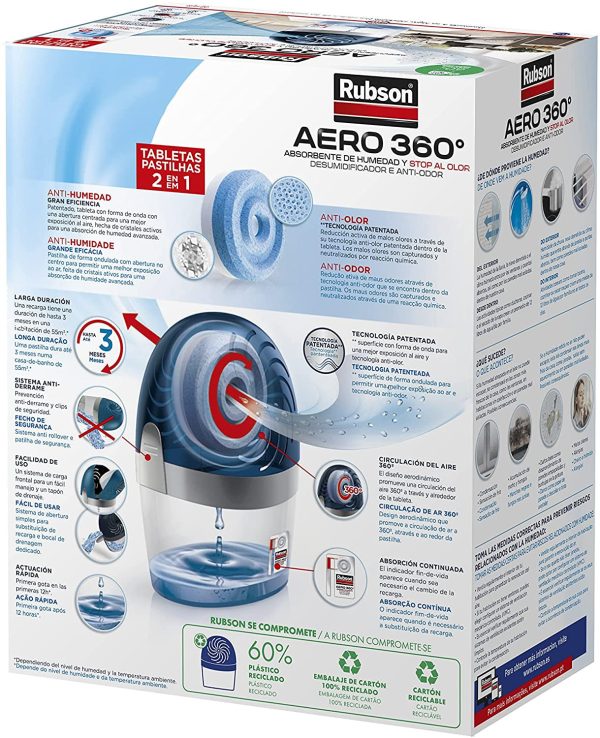 Rubson AERO 360º Deshumidificador recargable sin cable, absorbe humedad, previene la condensación y los malos olores, antihumedad absorbente, dispositivo y tableta (450 g) Reacondicionado.Ligeras marcas.. For Cheap