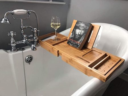 Bandeja de baño de Lujo 100% bambú, Brazos Extensibles, Soporte para Libro   Tableta, Soporte para Copa de Vino, Bandeja para Accesorios, Soporte para teléfono y Bandeja Deslizante, Compacto Embalaje Deteriorado Sale