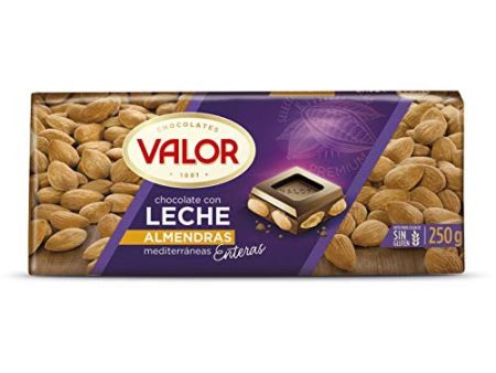 Valor - Chocolate con Leche con Almendras Mediterráneas Enteras - Sin Gluten - Chocolate con Leche y Almendras Valor - Chocolate Valor Suave - Tableta de 250 Gramos (Cad: 31 08 2024) Online