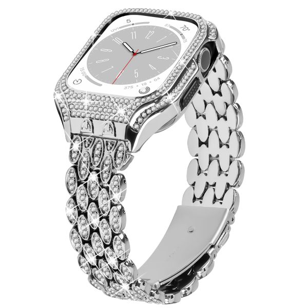 For Apple Watch Series 8 7 41mm Stainless Steel Watch Band Rhinestone Decor Strap with Protective Case Supply